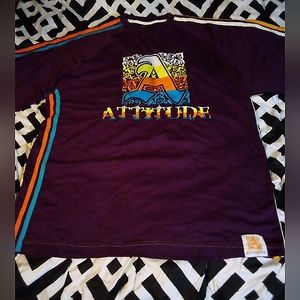 ATTITUDE Embroidered Multi Color Stripes Short Sleeve T-shirt Men's 2XL Purple